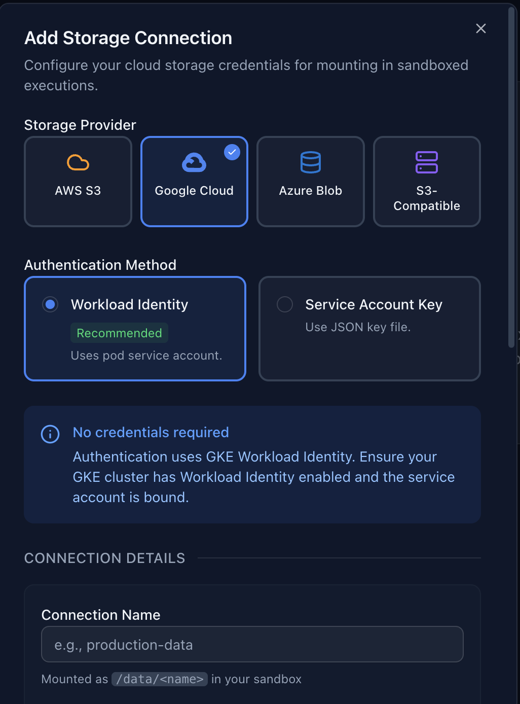 Baponi Add Storage Connection dialog showing provider selection (AWS S3, Google Cloud, Azure Blob, S3-Compatible), Workload Identity authentication with zero stored credentials, and mount path configuration