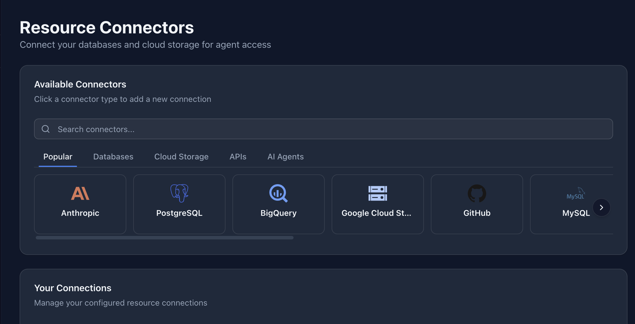 Baponi Resource Connectors page showing available connector types across categories: Databases (PostgreSQL, MySQL, BigQuery), Cloud Storage (Google Cloud Storage), APIs (GitHub), and AI Agents (Anthropic). Search and browse connectors, manage configured connections.